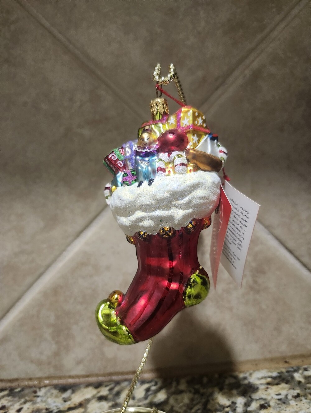 Christopher Radko Red and Gold Holiday Stocking Ornament with Multicolor Gifts